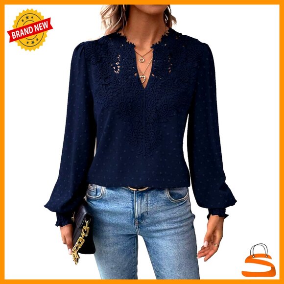 Tops - Long Sleeve V-Neck Blouse Loose Fit Polyester Boho Ruffled Cuff